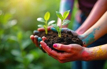 People hands gently hold young plants, concept of making difference, earth day. Community caring, environment protection. Green plants, soil, multi-colored hands, nature background.
