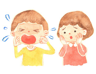 水彩風　泣く子を心配する女の子のイラスト