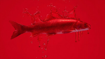Red fish splashing through water on vivid red background, dynamic seafood concept with high-contrast motion for food or marine design visual