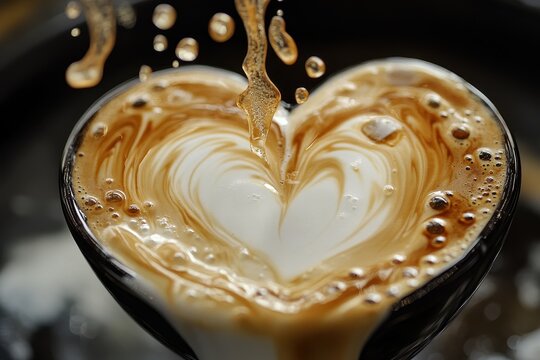 Coffee splashes from a cup creating a heart shape during latte art preparation in a busy cafe - Powered by Adobe