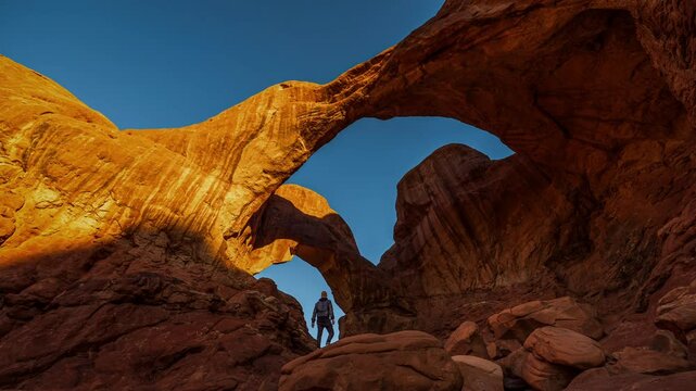 Cinemagraph time-lapse of young man watching golden sunrise at sandstone Double Arch in Arches National Park, Utah, USA