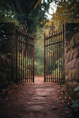 An open ornate metal gate leading to a path surrounded by trees and stone walls in the forest view