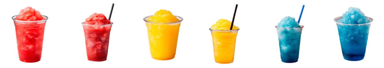 Set of colorful frozen fruit slush drinks on transparent background, PNG