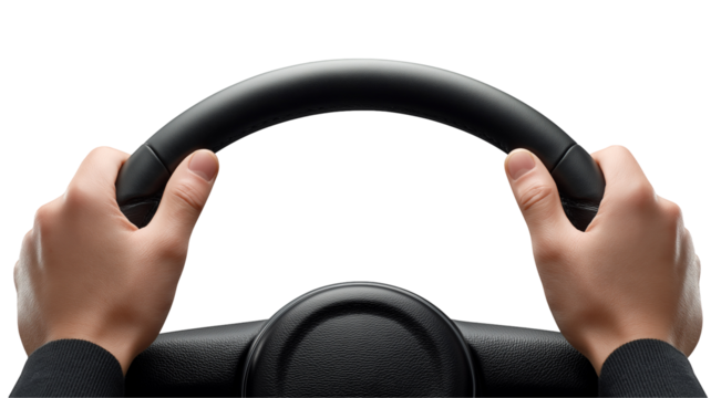 Hands holding steering wheel isolated on white background