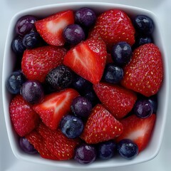 Obraz premium Freshly cut strawberries and blueberries arranged beautifully in a bowl representing healthy eating lifestyle choices and vibrant nutrition for a balanced diet and wellness journey