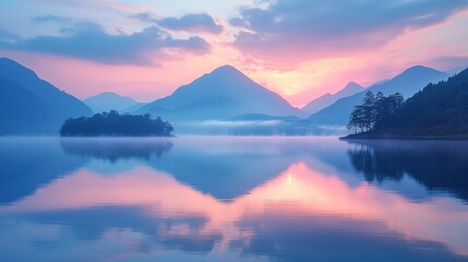 Misty mountain lake sunrise reflection (1)