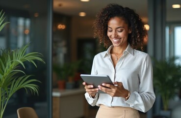 Happy latin business woman uses tablet device. Smiling mature female executive working at office, using fintech tab application. Person in formal wear looks at screen. Happy, satisfied.
