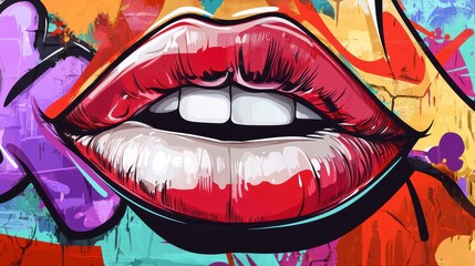 Close-up of vibrant graffiti art depicting a woman's red lips.