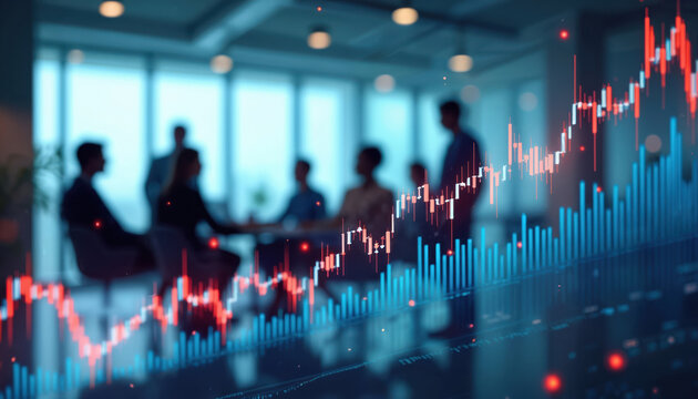 Business team meeting in office, discussing financial market. Stock chart graph. Economic growth, investment, trading, finance concept. Analysis, currency exchange. Financial technology FinTech.