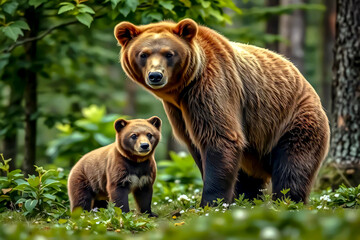 Obraz premium Two brown bears in a natural forest environment. One of the bears is an adult, standing on four legs, while the other is a cub standing on two legs.