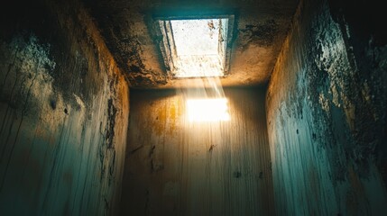 Sunbeams illuminate a small, dilapidated, and dark room.