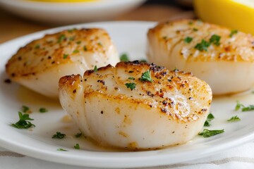 Gourmet delight: coquilles Saint Jacques, a refined dish presented in professional food advertising, exquisite seafood, elegance, and culinary expertise, showcasing luxury and sophisticated dining.