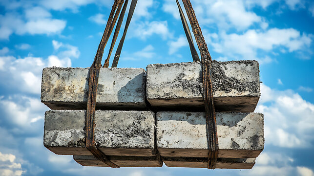 Concrete Blocks Suspended by Crane Straps Against a Blue Sky - Powered by Adobe