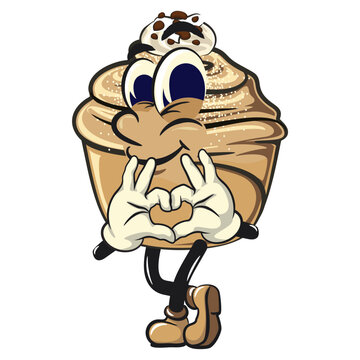 Cute cruffin cartoon mascot vector is giving a sign of love with finger, funny dessert character illustration isolated, work of hand drawn