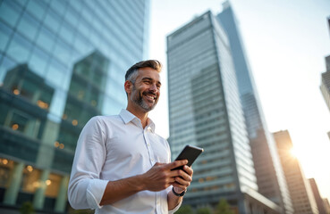 Smiling professional man holding smartphone, enjoying business lifestyle in financial district. Happy entrepreneur using mobile phone smiling at urban setting, downtown. Successful, confident,