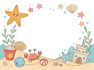 Fototapeta premium Doodle Summer Beach Border for Kids with Crabs and Toys