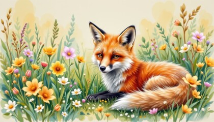Fototapeta premium Adorable Red Fox Resting in a Vibrant Wildflower Meadow A Beautiful Springtime Scene of Nature's Wildlife