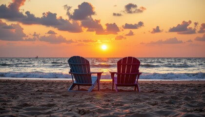 Romantic beach sunset with two Adirondack chairs on sandy shore Perfect vacation scene