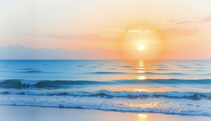 Fototapeta premium Serene Ocean Sunset Tranquil Waves Rolling onto a Sandy Beach at Sunrise
