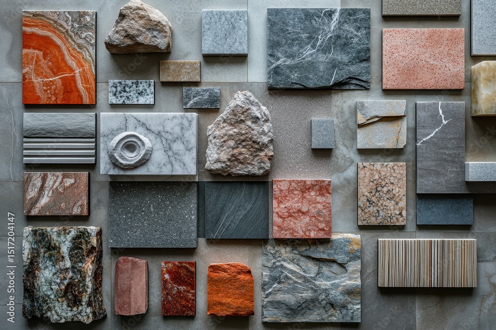 Poster collection of various stone samples arranged on a dark surface showcasing natural textures and color
