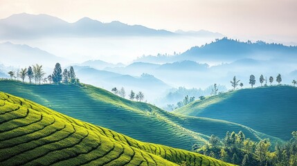 Fototapeta premium Lush green tea plantations on rolling hills, bathed in morning mist.