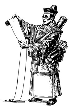 ncient Scholar with Scroll and Knowledge Scrolls &ndash; Black and White Ink Illustration