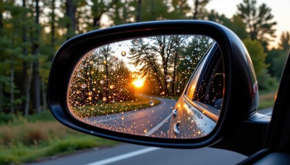 Scenic Sunset View Reflected in a Car's Rain Speckled Side Mirror During a Drive Through a Lush Forest