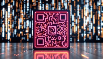 Obraz premium Futuristic glowing neon QR code digital technology abstract background Cyberpunk style glowing lines and digital code