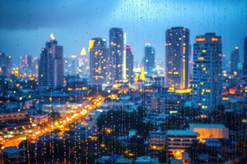 City skyline illuminated at dusk with raindrops on glass creating a blurred effect