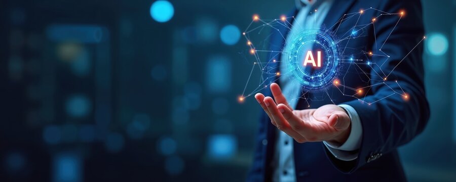 Business man in suit presents AI interface with network connections. Artificial intelligence technology, machine learning transforming future tech, medical research. Innovation for health, digital