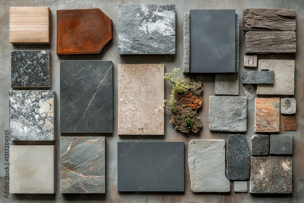 Poster collection of various stone samples arranged on a dark surface showcasing natural textures and color