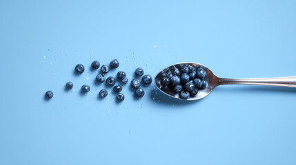 Blueberries scattered with spoon on light blue background, minimal fresh fruit concept for healthy eating or antioxidant nutrition design