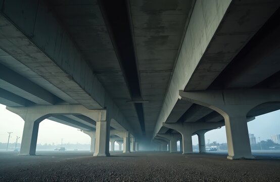Fototapeta Low angle perspective view under highway bridge. Concrete structure, pillars, columns form urban construction. Modern architecture design, transportation infrastructure. Grey sky, light mist, road
