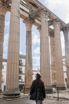 Tourist exploring the Roman Temple of Diana in M&eacute;rida