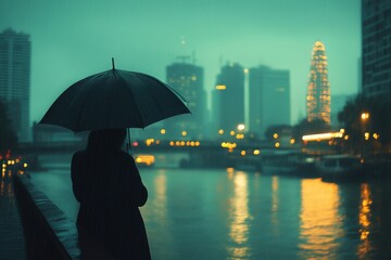 Urban skyline shrouded in mist and reflected in water highlights the tranquility of city life at dusk