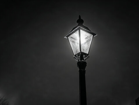 Fototapeta A black and white photo of a vintage street lamp illuminating the dark night with a bright light glow