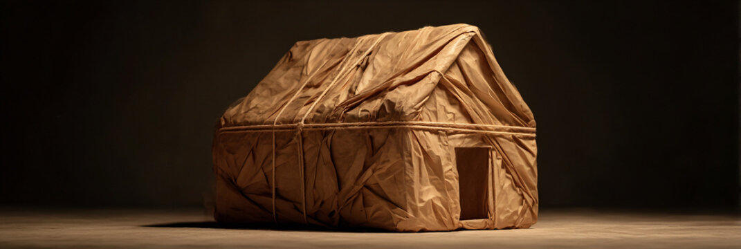 A miniature house wrapped in brown paper and tied with string sitting on a wooden surface in dim lighting