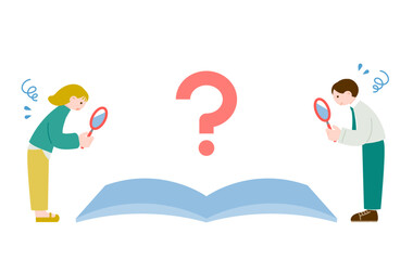 虫眼鏡で調べ物をする男女　本を開いて疑問を解決しようとするイメージ