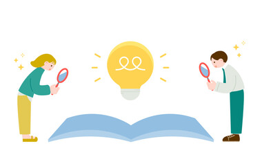 問題が解決して笑顔の男女　本で調べて答えを見つけたイメージ