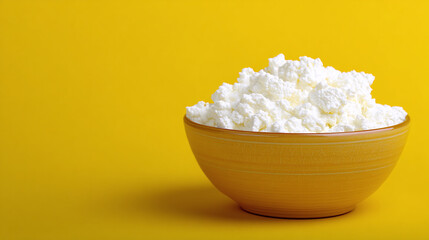 Yellow bowl with fresh white cottage cheese on solid yellow background, minimal dairy product composition for healthy food or breakfast concept