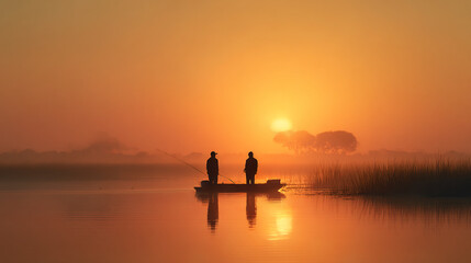 Fototapeta premium Two people in a boat on a lake during a golden sunset with a hazy background and reflections in the water