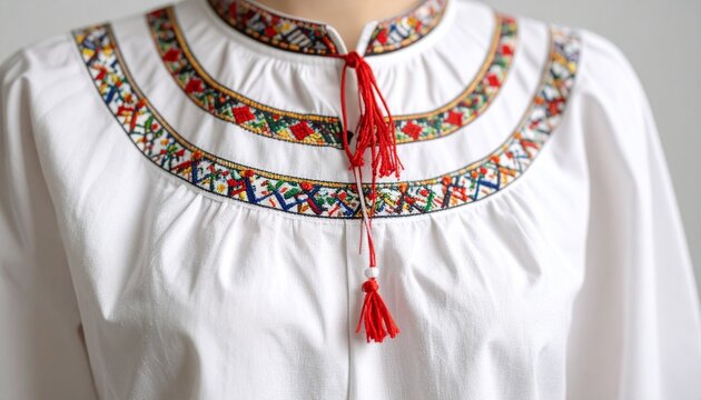 Detalle de blusa blanca con bordado colorido