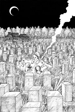 モノクロームイラスト・手描き・ペン画 - 墓地・月夜・深夜・物の怪・亡霊