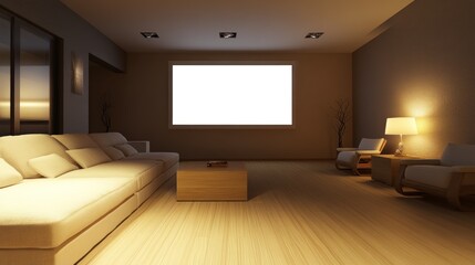 Modern home theater room with comfortable seating and a large screen.