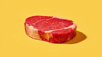 Raw red beef steak on solid yellow background, fresh marbled meat composition for butcher, protein food or culinary product template