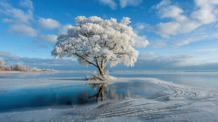 Snow-clad tree graces the icy lake as winter's beauty unfolds beneath a serene blue sky