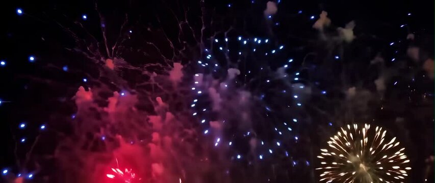 Anamorphic video Fireworks Party, Happy new year greeting with fireworks background