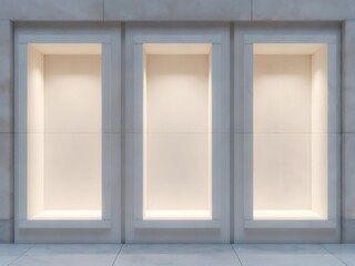 Obraz premium Three White Shelves With Lights On Them