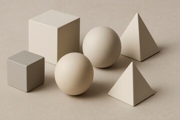 Still life of geometric shapes including cubes spheres and pyramids