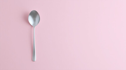 Single silver spoon on pastel pink background, minimal modern kitchen utensil composition for tableware or culinary design template